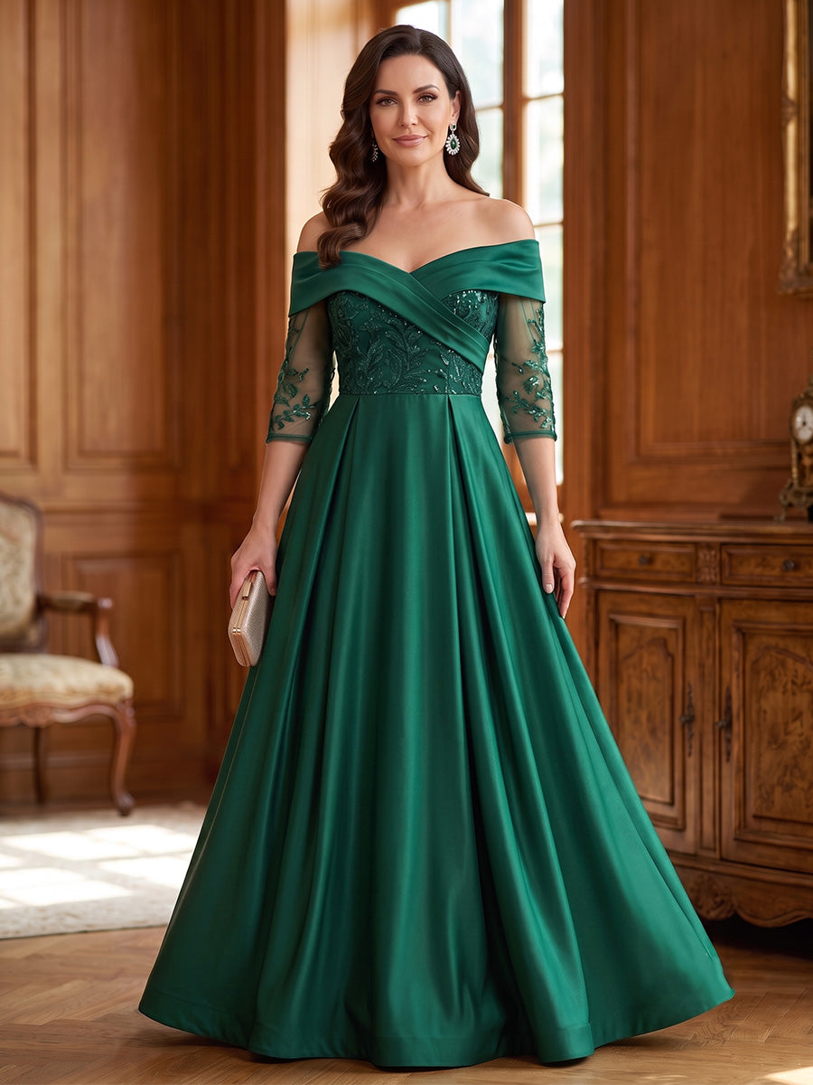 Satin A Line Off the Shoulder Lace Appliques Pleats  Mother of the Bride Dresses
