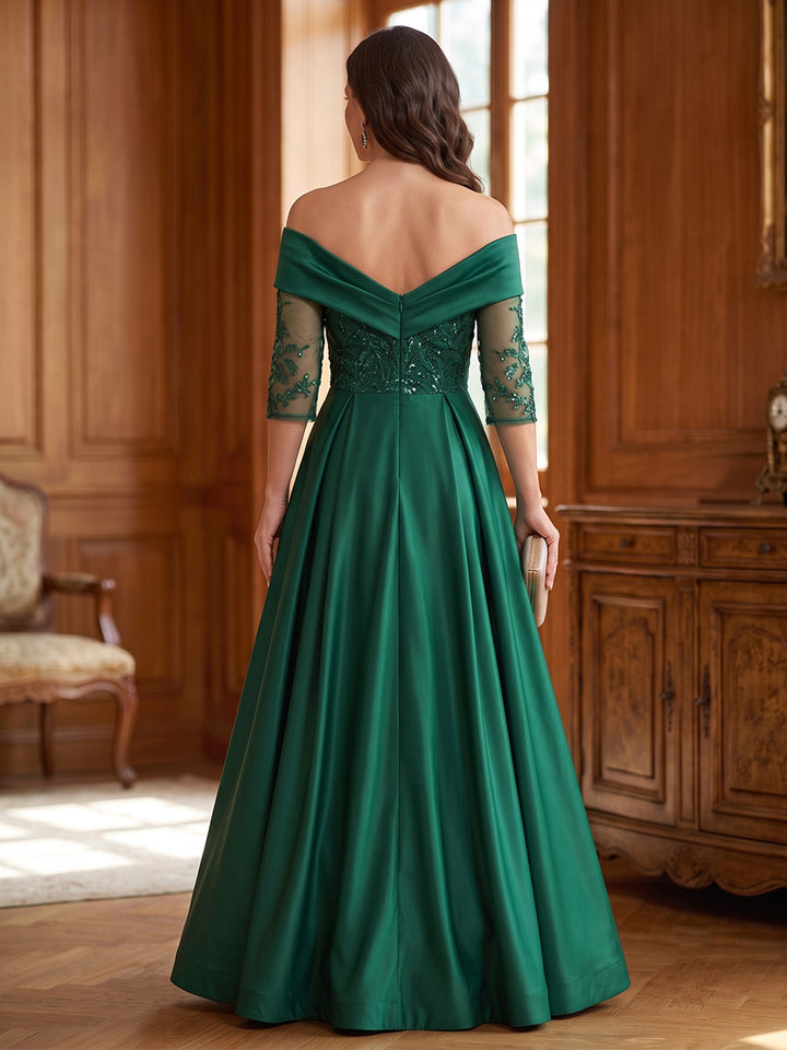 Satin A Line Off the Shoulder Lace Appliques Pleats  Mother of the Bride Dresses
