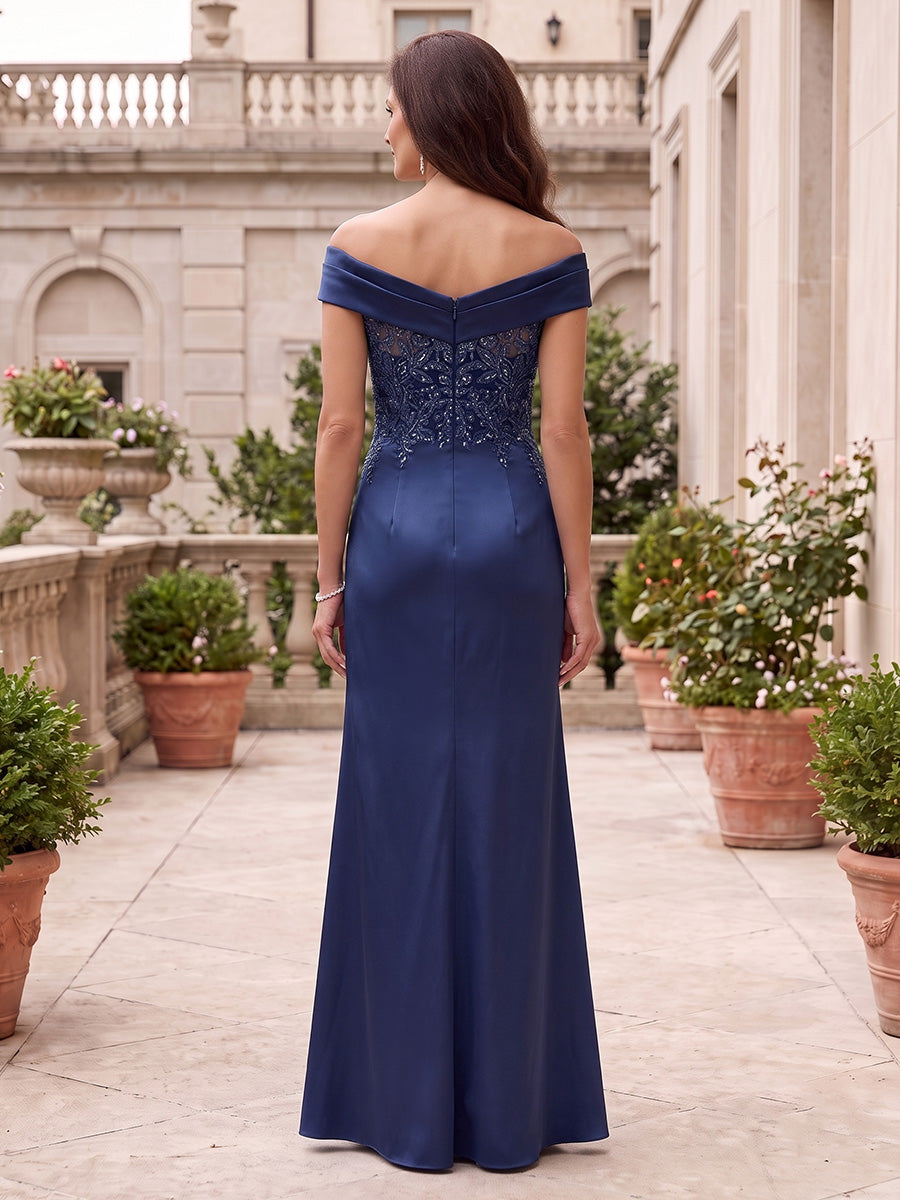 Satin Mermaid Off the Shoulder Lace Appliques Side Slit Ruffles Mother of the Bride Dresses