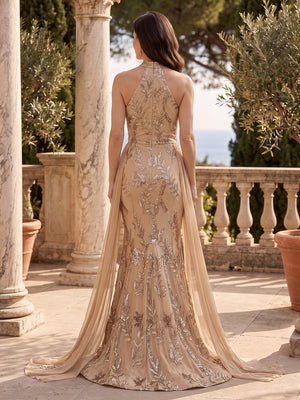 Sequin Floral Mermaid Halter Lace Appliques Ruched  Mother of the Bride Dresses
