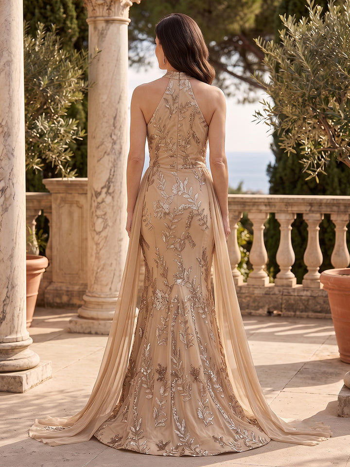 Sequin Floral Mermaid Halter Lace Appliques Ruched  Mother of the Bride Dresses