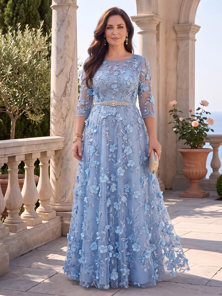 Lace Appliques A Line Scoop Neck Sequin Floral Ruched 3D Flowers Mother of the Bride Dresses