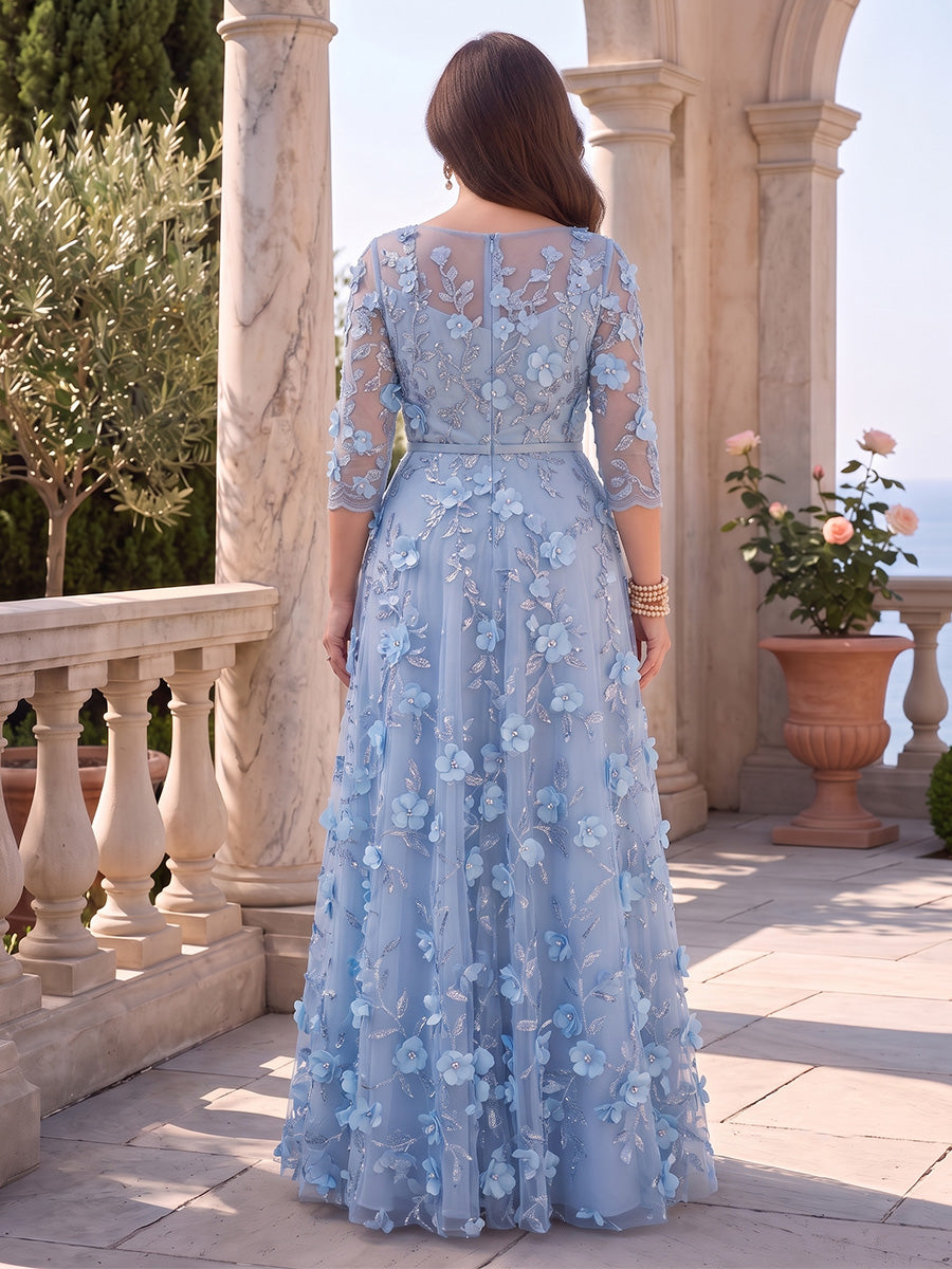 Lace Appliques A Line Scoop Neck Sequin Floral Ruched 3D Flowers Mother of the Bride Dresses