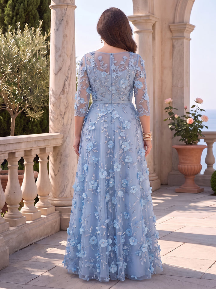 Lace Appliques A Line Scoop Neck Sequin Floral Ruched 3D Flowers Mother of the Bride Dresses