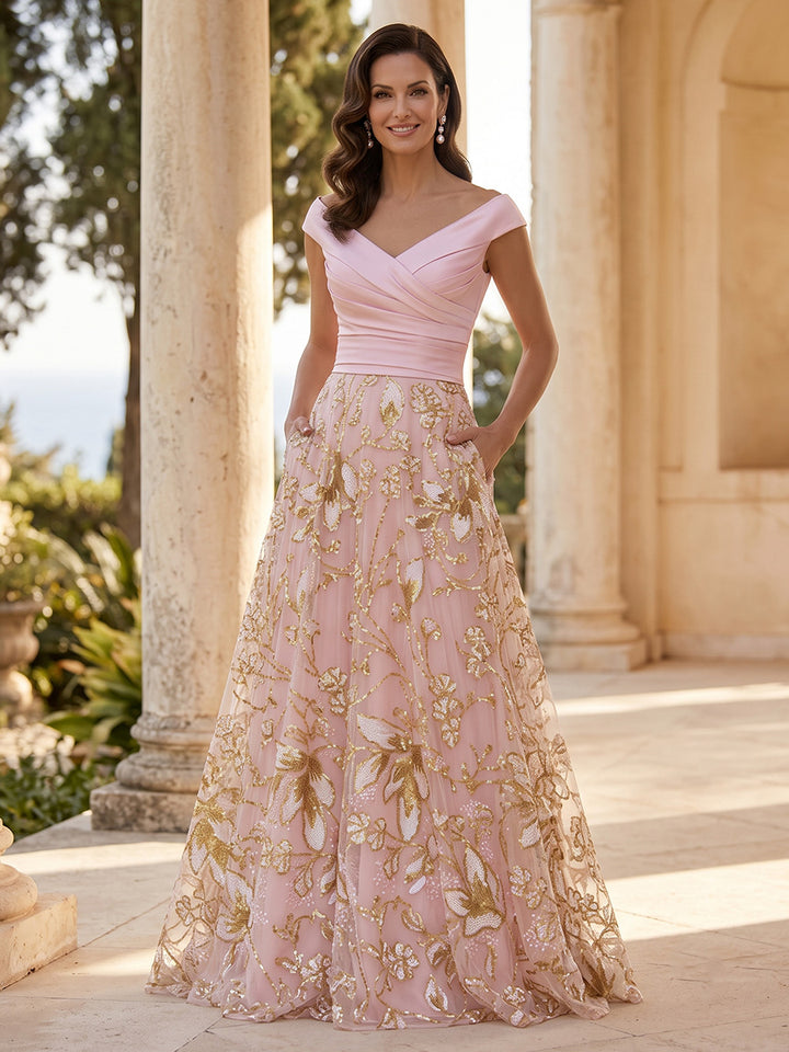 Sequin Floral A Line V Neck Lace Appliques Ruched  Mother of the Bride Dresses for Women