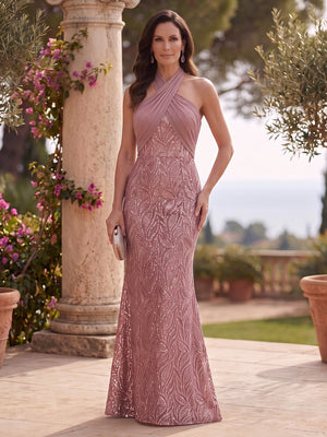 Sequin Floral Sheath Halter Lace Appliques Ruched  Mother of the Bride Dresses for Women