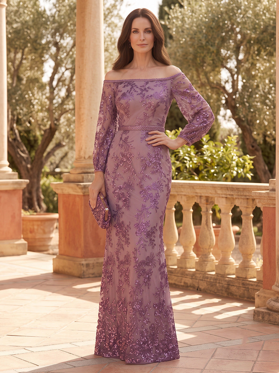 Sequin Floral Sheath Off the Shoulder Lace Appliques Ruched  Mother of the Bride Dresses for Women
