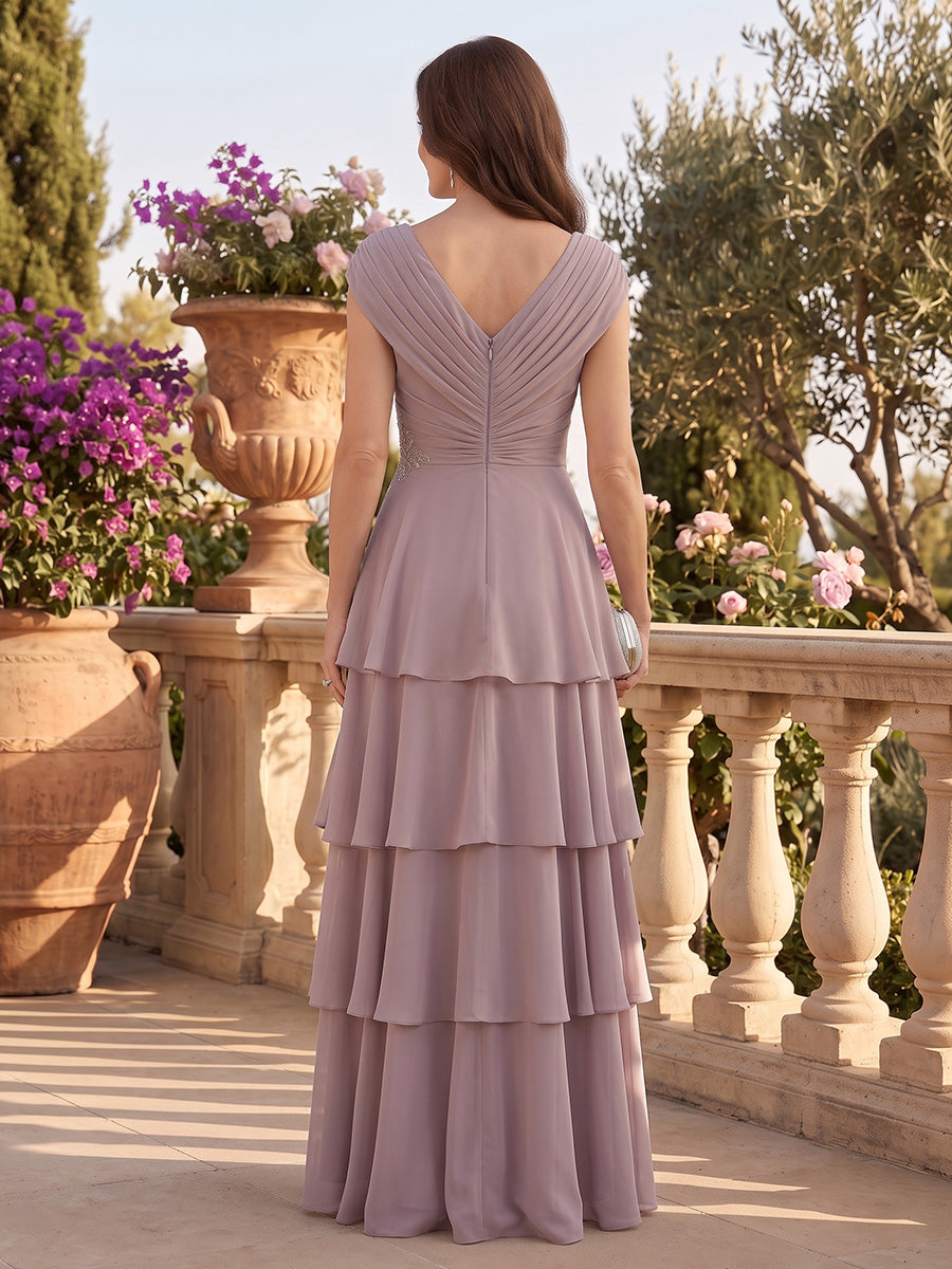Chiffon A Line V Neck Lace Appliques Tiered Sequin Mother of the Bride Dresses