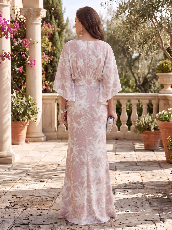 Floral Print Mermaid Scoop Neck Cape Ruched Mother of the Bride Dresses