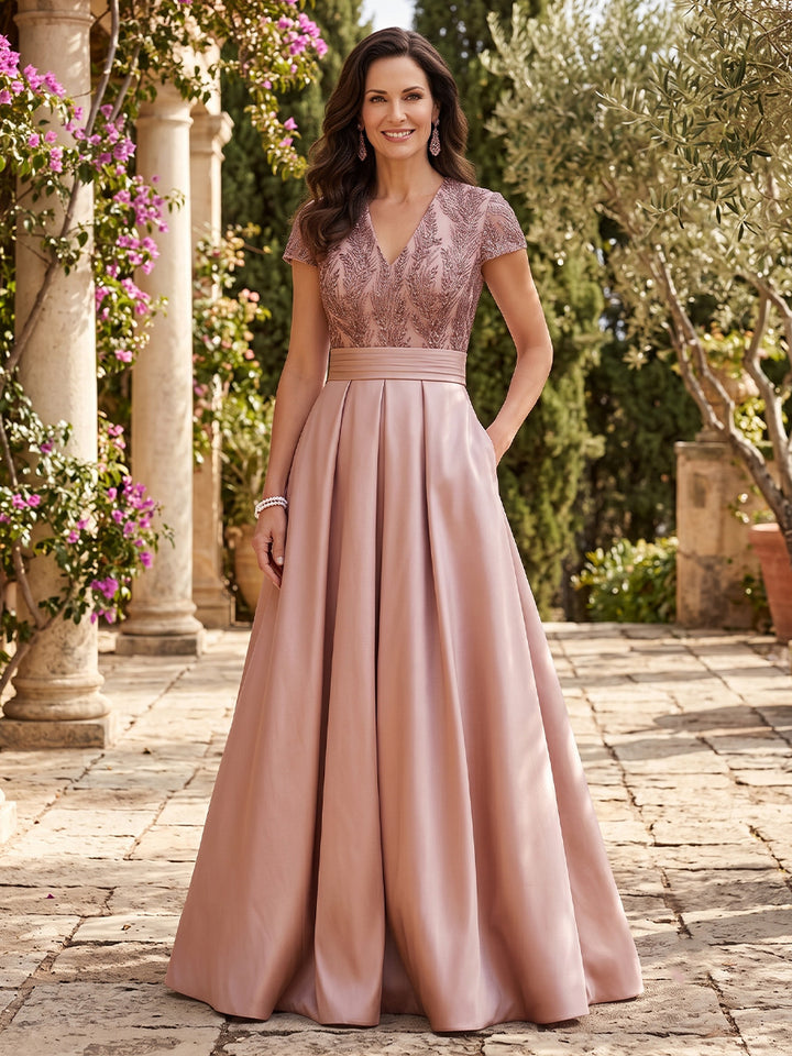 Satin A Line V Neck Lace Appliques Ruched Mother of the Bride Dresses
