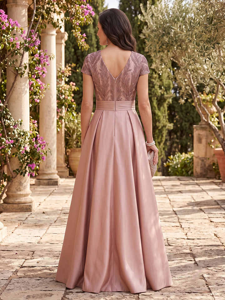 Satin A Line V Neck Lace Appliques Ruched Mother of the Bride Dresses