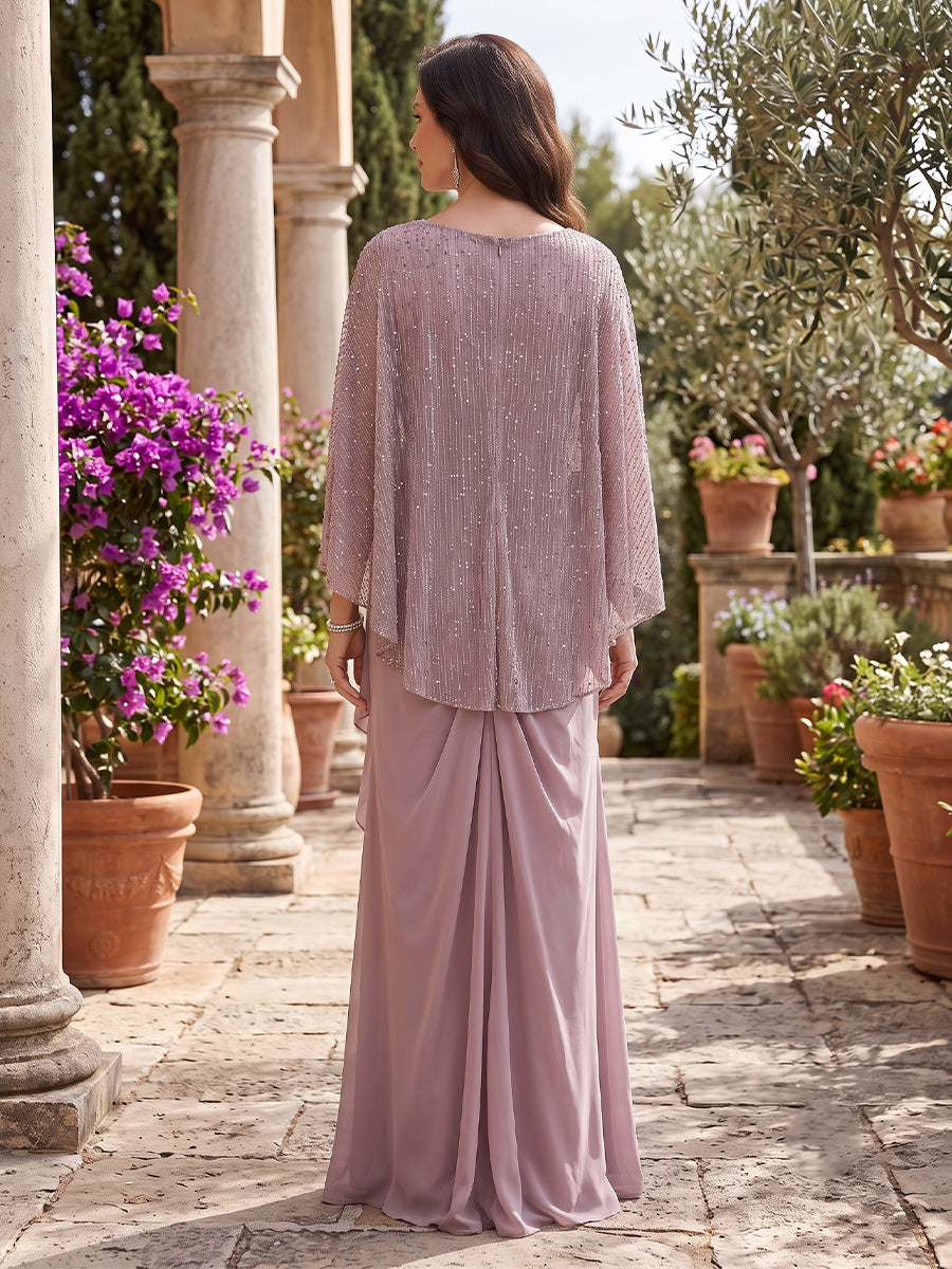 Chiffon Mermaid Scoop Neck Sequin Ruched Cape Mother of the Bride Dresses