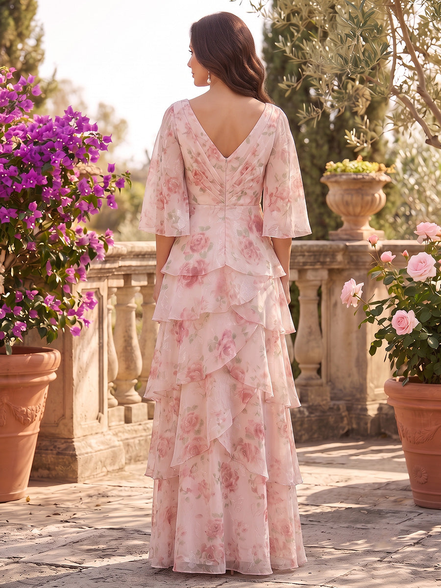 Floral Print Mermaid V Neck Ruffles Ruched Mother of the Bride Dresses