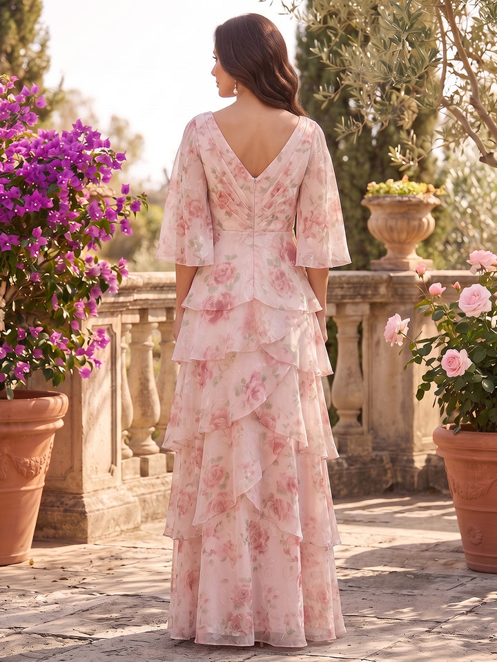 Floral Print Mermaid V Neck Ruffles Ruched Mother of the Bride Dresses
