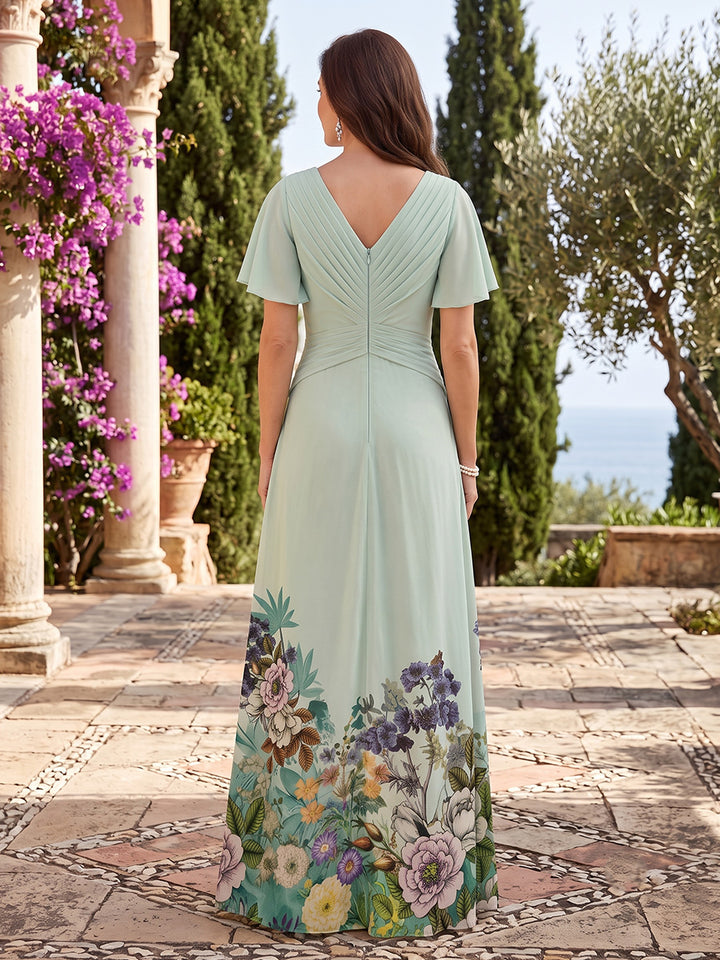 Chiffon Mermaid V Neck Floral Print Ruched Mother of the Bride Dresses