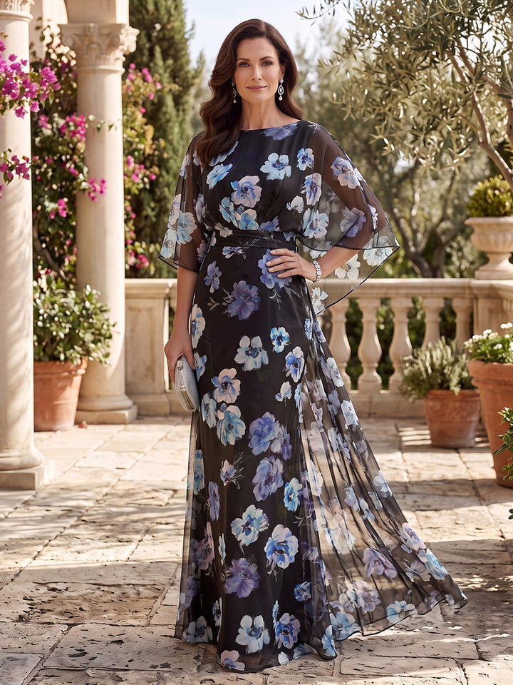 Floral Print Mermaid Scoop Neck Cape Ruched Chiffon Mother of the Bride Dresses