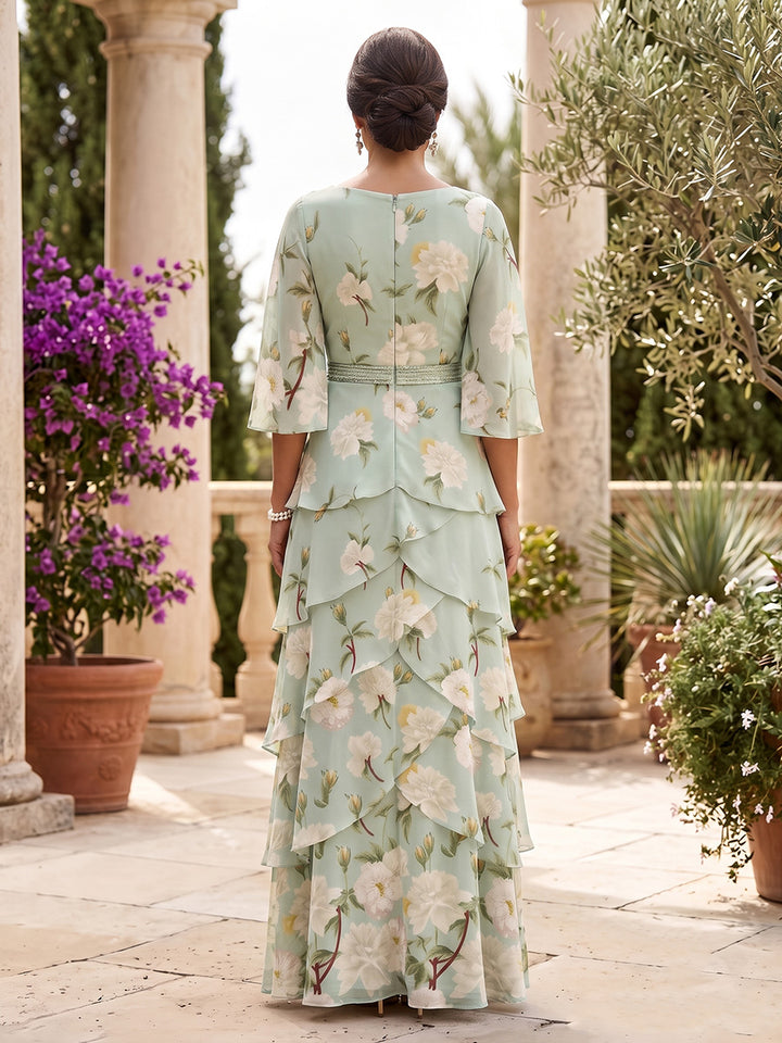 Floral Print Mermaid V Neck Ruffles Ruched Mother of the Bride Dresses