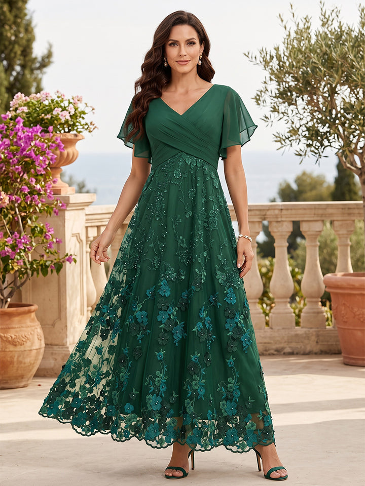 Chiffon A Line V Neck Lace Appliques Ruched Mother of the Bride Dresses