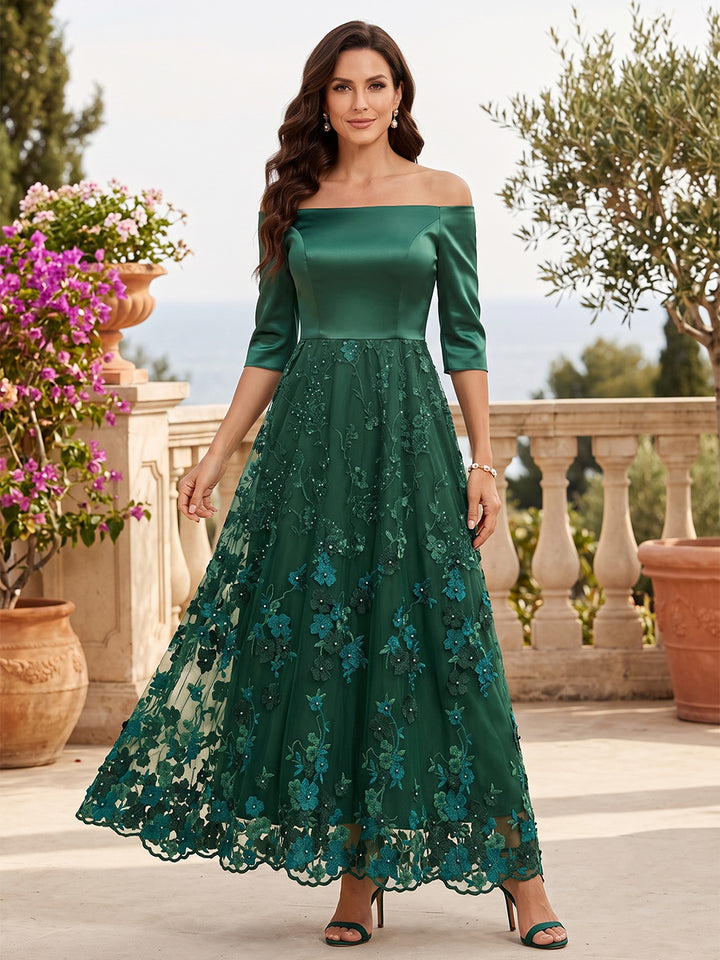 Lace Appliques A Line Off the Shoulder Sequin Ruched Satin Mother of the Bride Dresses