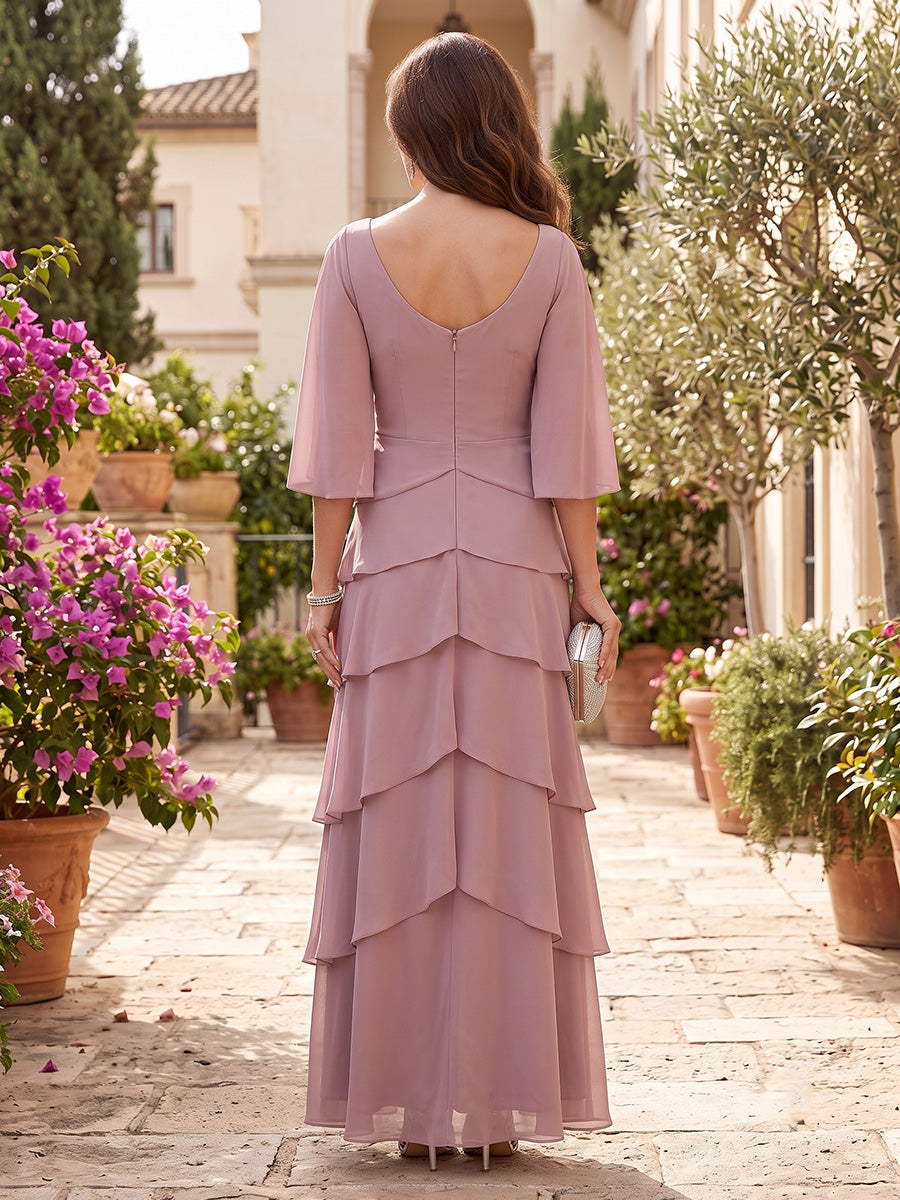 Chiffon A Line V Neck Lace Appliques Tiered Ruffles Mother of the Bride Dresses