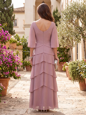 Chiffon A Line V Neck Lace Appliques Tiered Ruffles Mother of the Bride Dresses