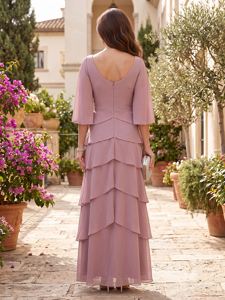 Chiffon A Line V Neck Lace Appliques Tiered Ruffles Mother of the Bride Dresses