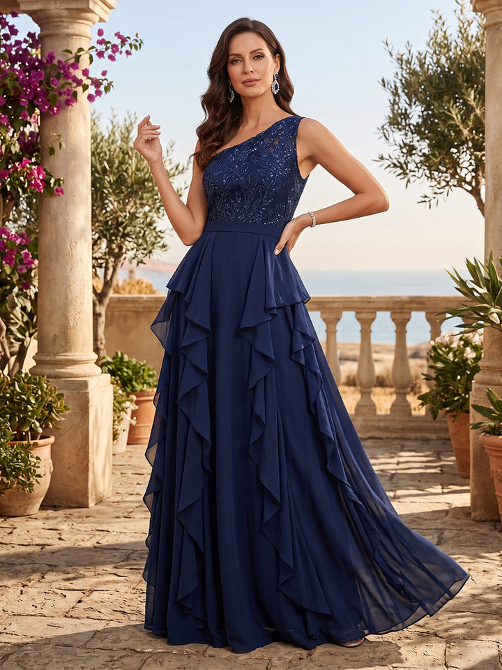 Chiffon A Line One Shoulder Lace Appliques Tiered Ruffles Mother of the Bride Dresses
