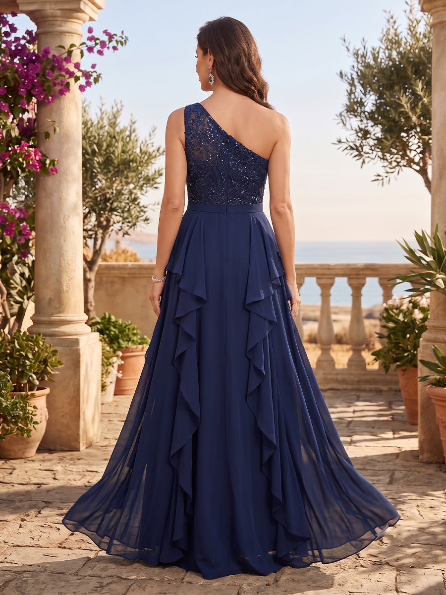 Chiffon A Line One Shoulder Lace Appliques Tiered Ruffles Mother of the Bride Dresses