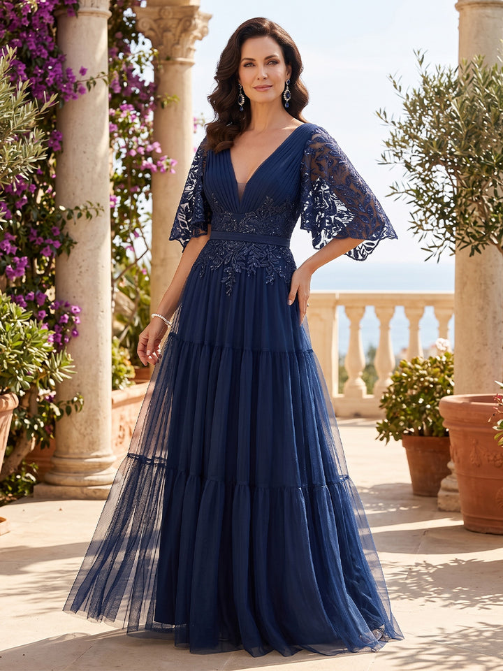 Tulle A Line V Neck Lace Appliques Ruched Mother of the Bride Dresses