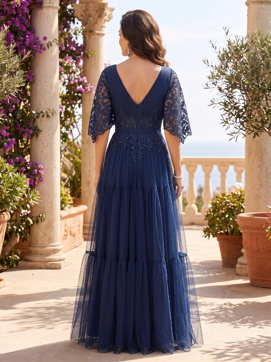 Tulle A Line V Neck Lace Appliques Ruched Mother of the Bride Dresses