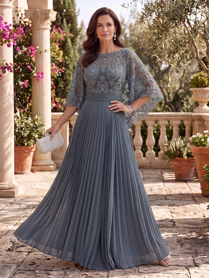 Chiffon A Line Scoop Neck Lace Appliques Pleats Mother of the Bride Dresses