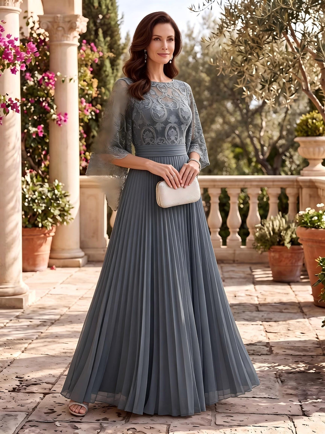 Chiffon A Line Scoop Neck Lace Appliques Pleats Mother of the Bride Dresses