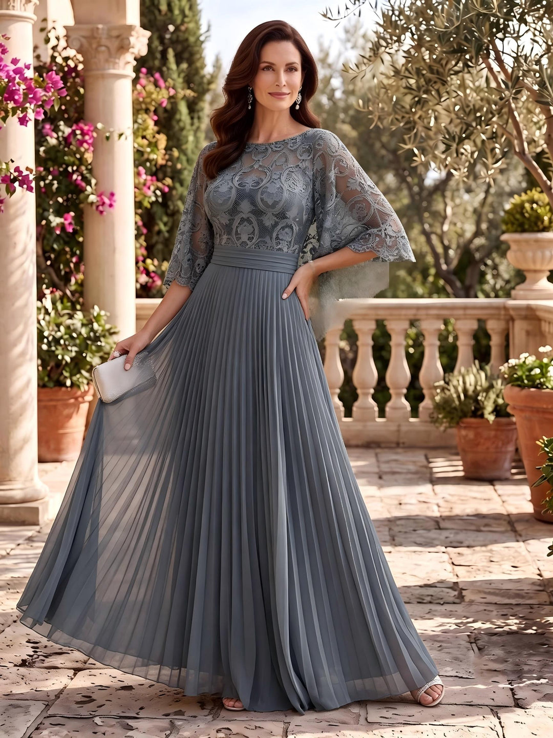 Chiffon A Line Scoop Neck Lace Appliques Pleats Mother of the Bride Dresses