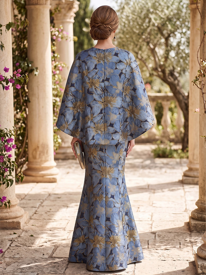 Jacquard Mermaid Round Neck Cape Sleeves High Waist Mother of the Bride Dresses