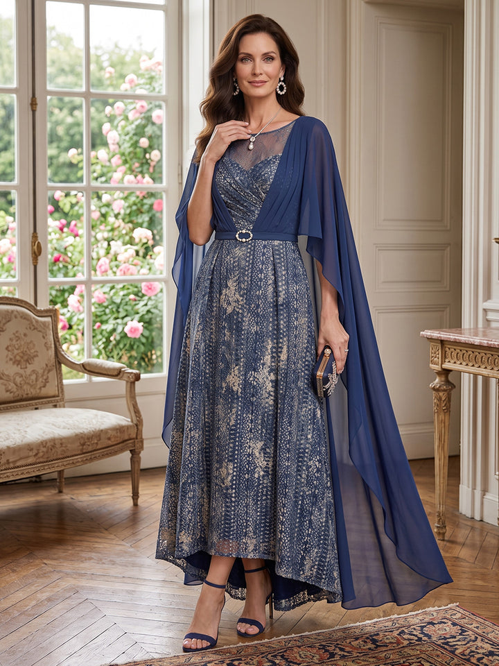Lace A Line Jewel Neck Cape Sleeves High Waist Mother of the Bride Dresses