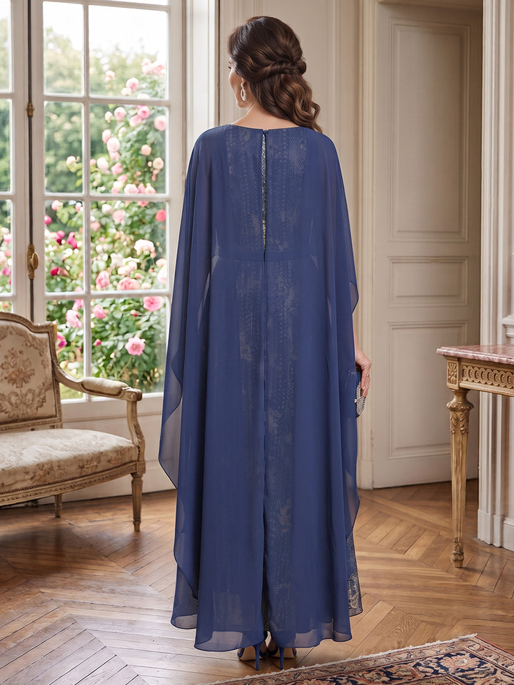Lace A Line Jewel Neck Cape Sleeves High Waist Mother of the Bride Dresses