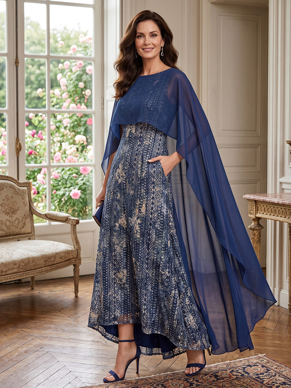 Lace A Line Jewel Neck with Cape with Pockets Mother of the Bride Dresses