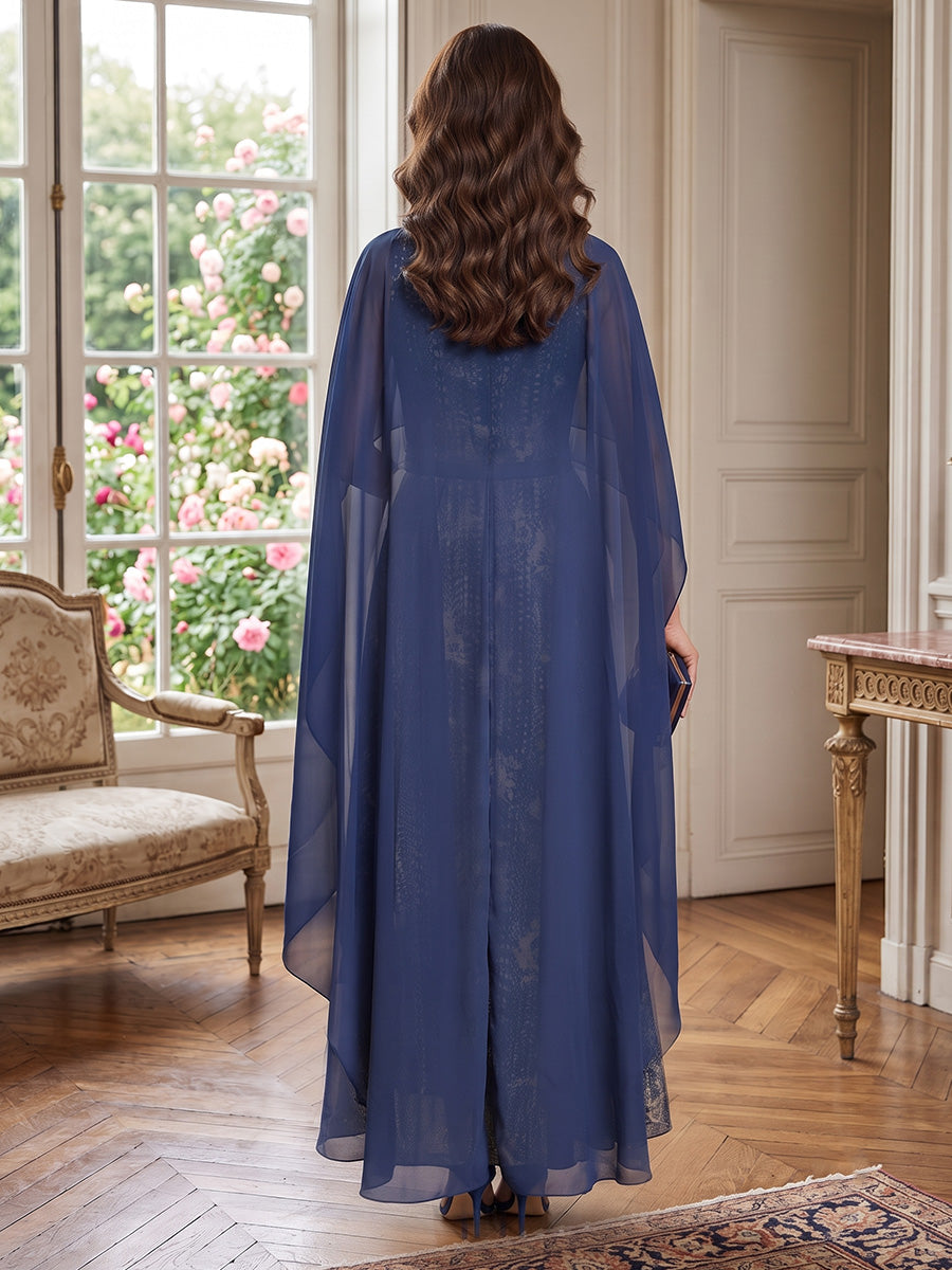 Lace A Line Jewel Neck with Cape with Pockets Mother of the Bride Dresses
