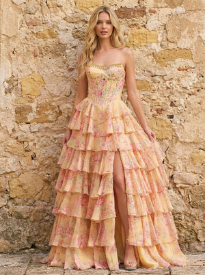 Chiffon Corset Strapless Floral Tiered Maxi Prom Dresses with Slit