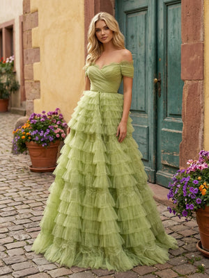 Tulle Off Shoulder Tiered Maxi Prom Dresses with Back Tie