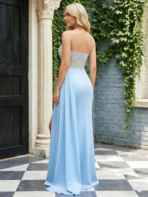 Satin Sequin Spaghetti Straps Pleated Maxi Prom Dresses with Slit