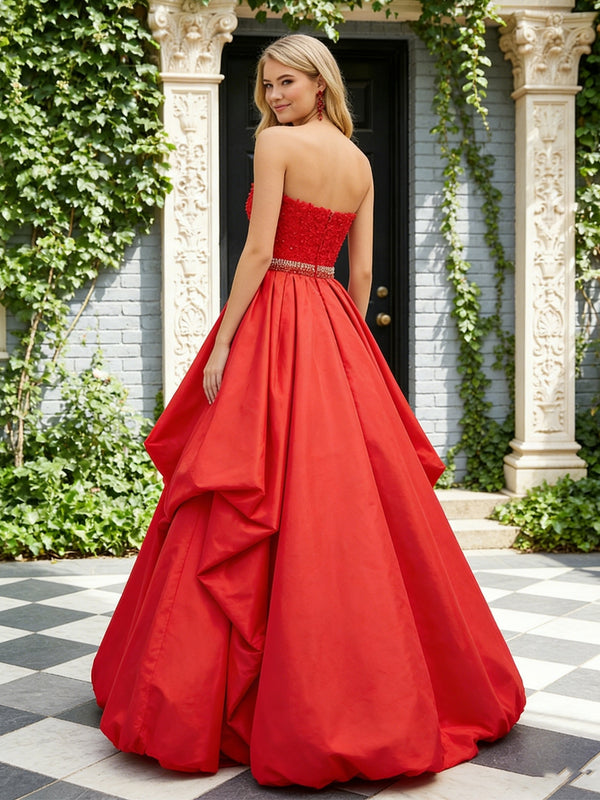 Satin Strapless Beading Prom Dresses with Lace Appliques