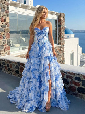 Chiffon Corset Strapless Floral Tiered Long Prom Dresses with Slit