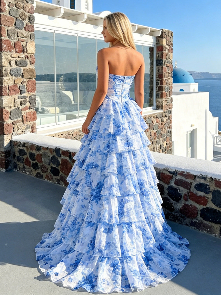 Chiffon Corset Strapless Floral Tiered Long Prom Dresses with Slit