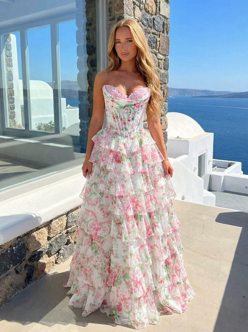 Chiffon Floral Corset Strapless A Line Long Prom Dresses with Back Tie