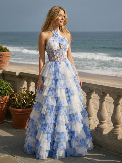 Chiffon Floral Corset Halter Tiered Long Prom Dresses with Back Tie