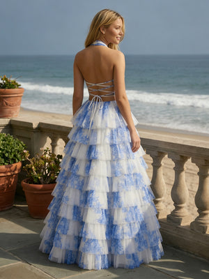 Chiffon Floral Corset Halter Tiered Long Prom Dresses with Back Tie