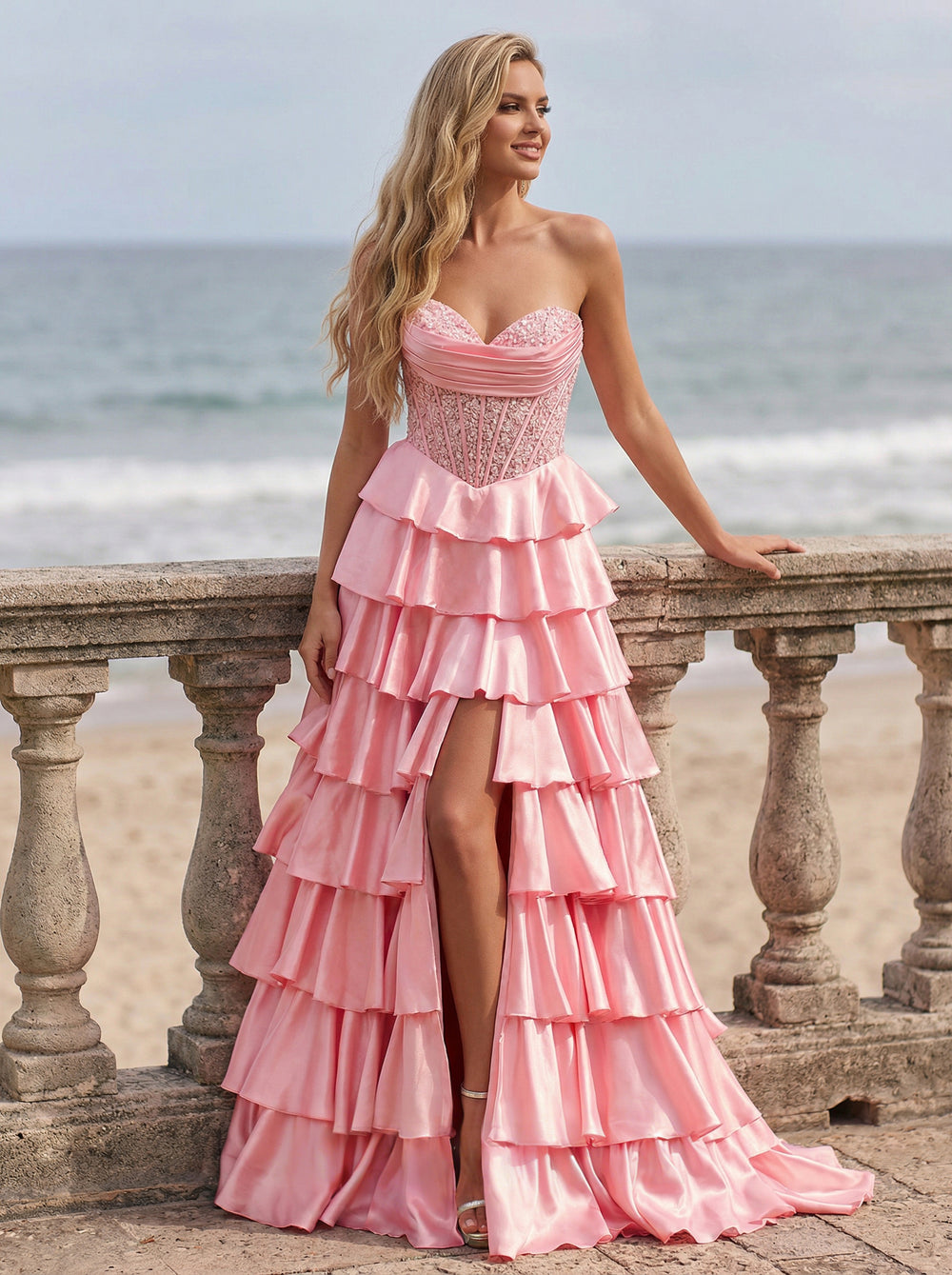 Satin Sequin Strapless Corset Tiered Long Prom Dresses with Slit