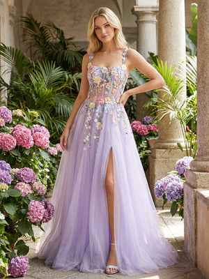 Tulle Spaghetti Straps Corset 3D Flower Prom Dresses with Slit