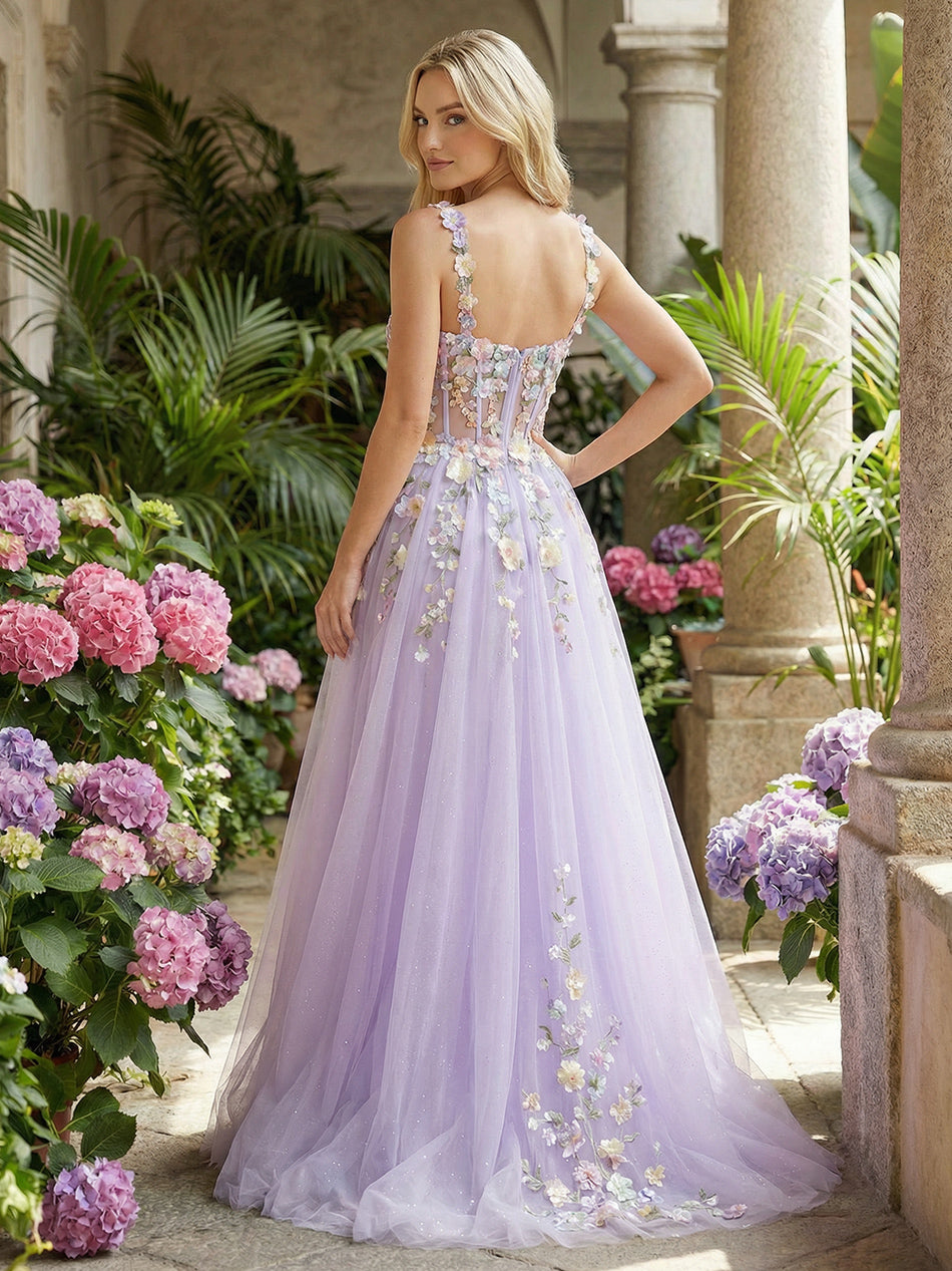 Tulle Spaghetti Straps Corset 3D Flower Prom Dresses with Slit